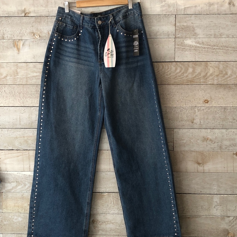 Cali 1850 wide leg silver grommets embellished jeans